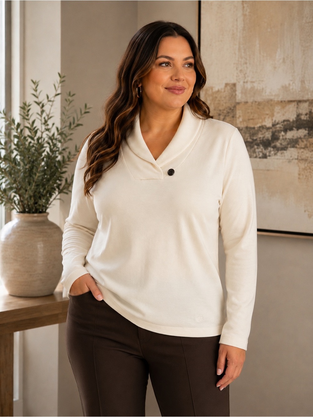 Lauren Ralph Lauren Cream Shawl-Collar Button Pullover